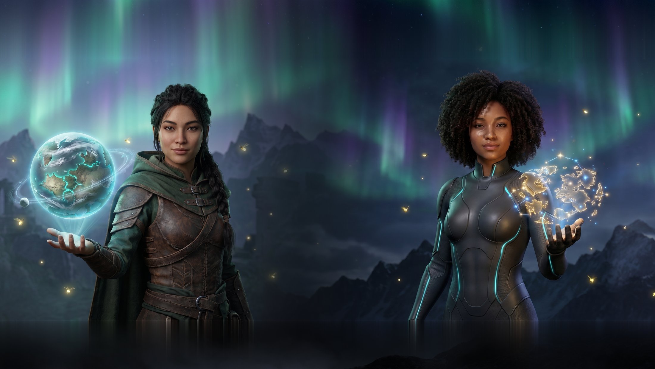 Game Masters holding worlds they dreamed, beneath the aurora