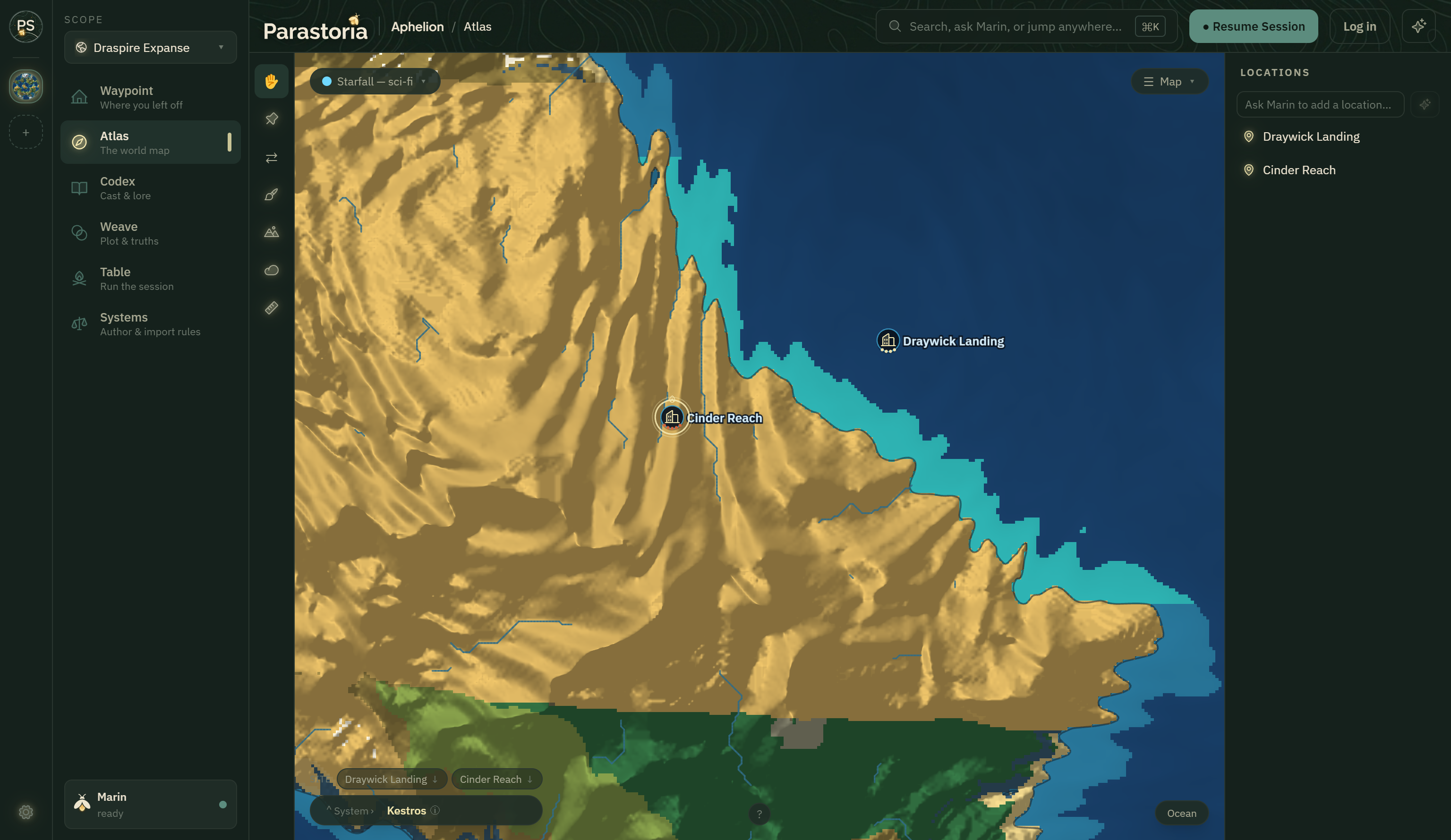 A world drawn by Parastoria — coastline, highlands, and the towns along them
